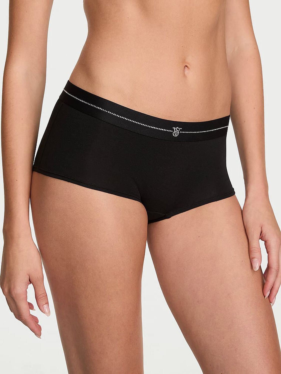 vs Cotton Shine Logo Cotton Boyshort Panty Black 1 of 3 