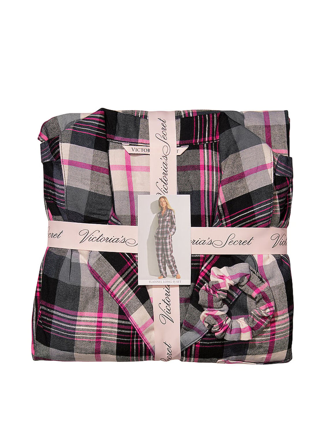 vs Victoria's Secret Flannel Long PJ Set Black/Fluorescent Pink  Lurex Plaid 4 of 4 