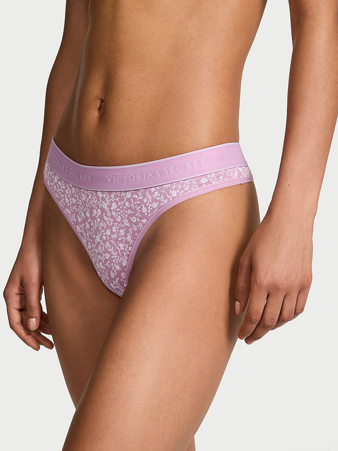 vs Cotton Logo Cotton Thong Panty Light Lilac Scattered Floral 1 of 3 