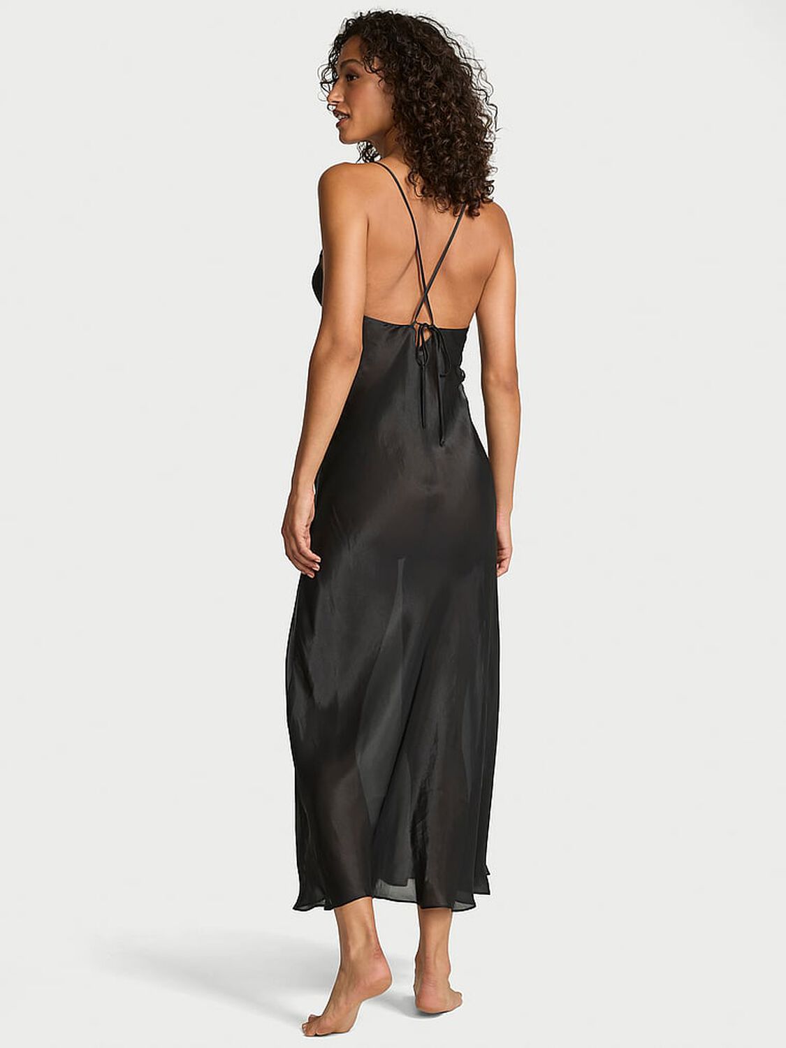 vs Victoria's Secret Luxe Sheer Satin Long Slip Dress Black 1 of 3 