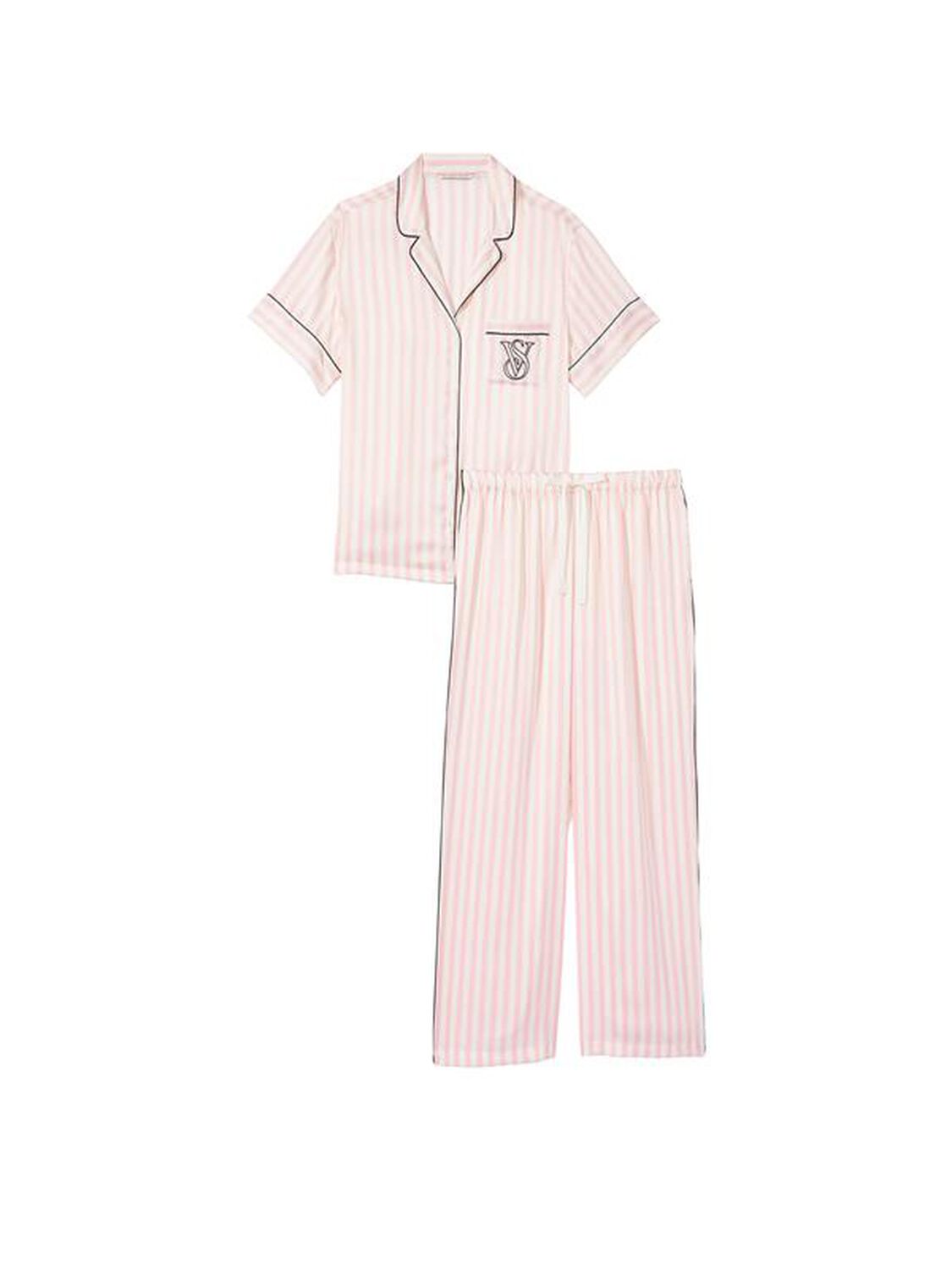 vs Victoria's Secret Glazed Satin Short-Sleeve Long Pajama Set New Pink Iconic Stripe 2 of 2 