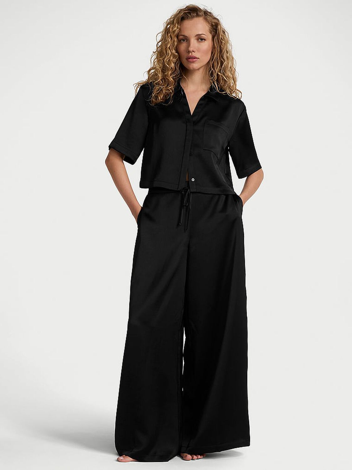 vs Victoria's Secret Luxe Satin Boxy Cropped Long Pajama Set Black 3 of 3 