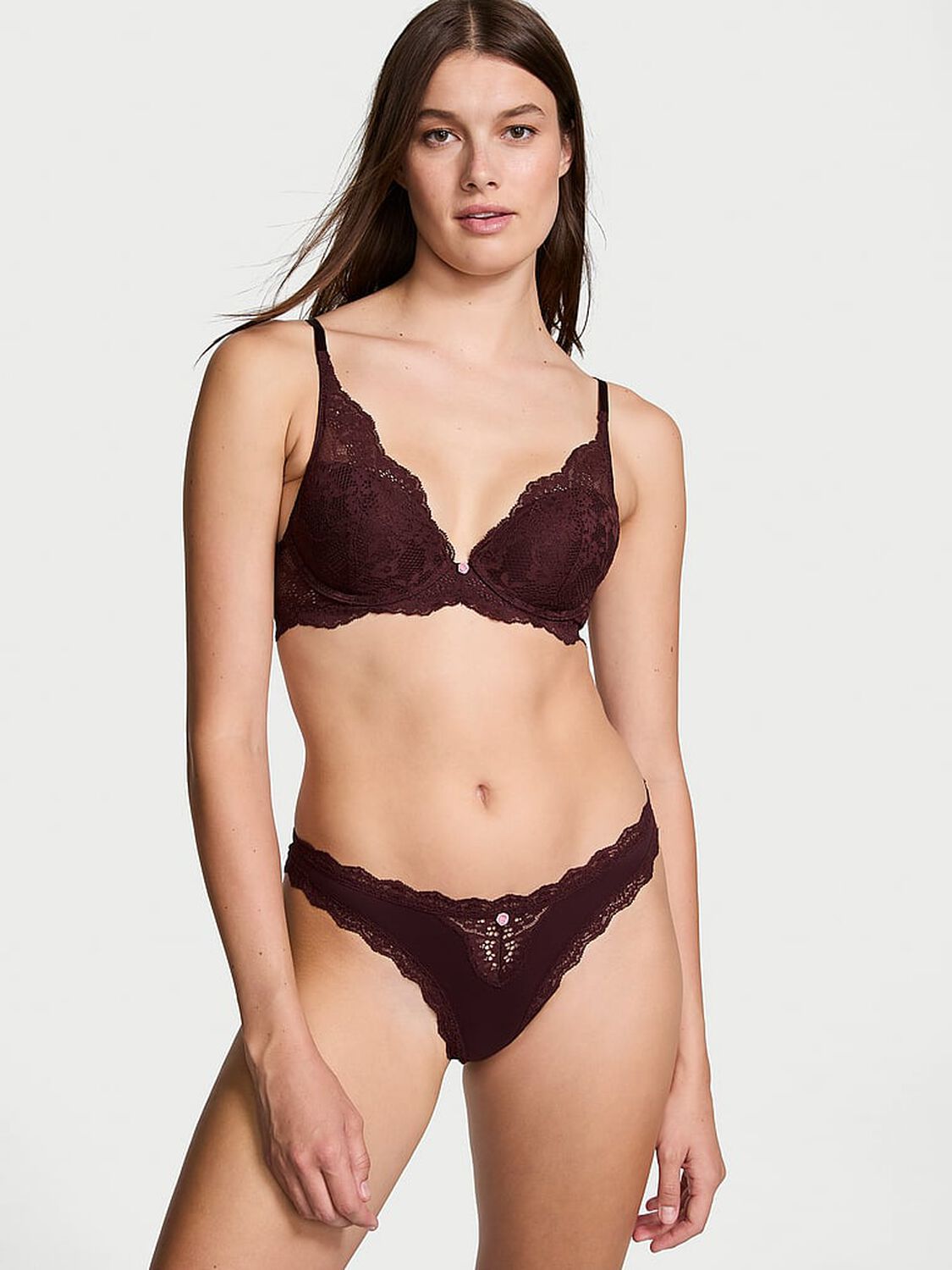 vs Dream Angels Lace-Trim Thong Panty Burgundy Brown 2 of 2 
