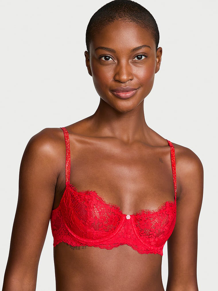 Wicked Twinkle Strap Unlined Lace Balconette Bra Bright Vermillion
