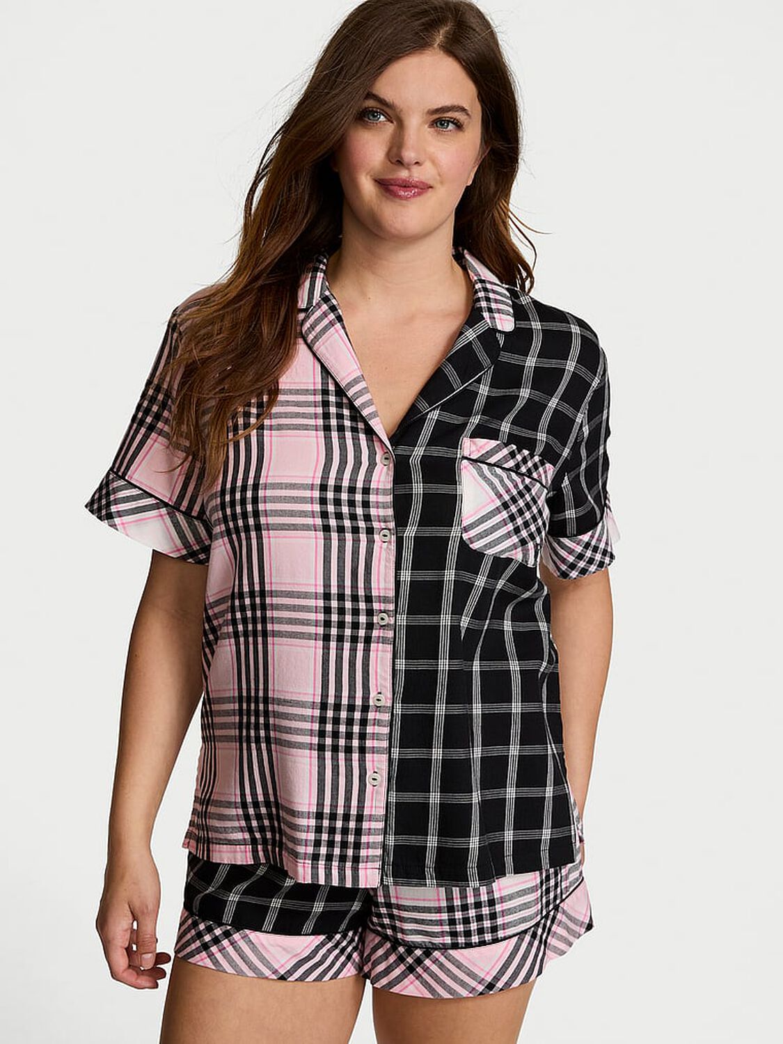 vs Victoria's Secret Flannel Short Pajama Set Pink & Black Plaid 1 of 4 