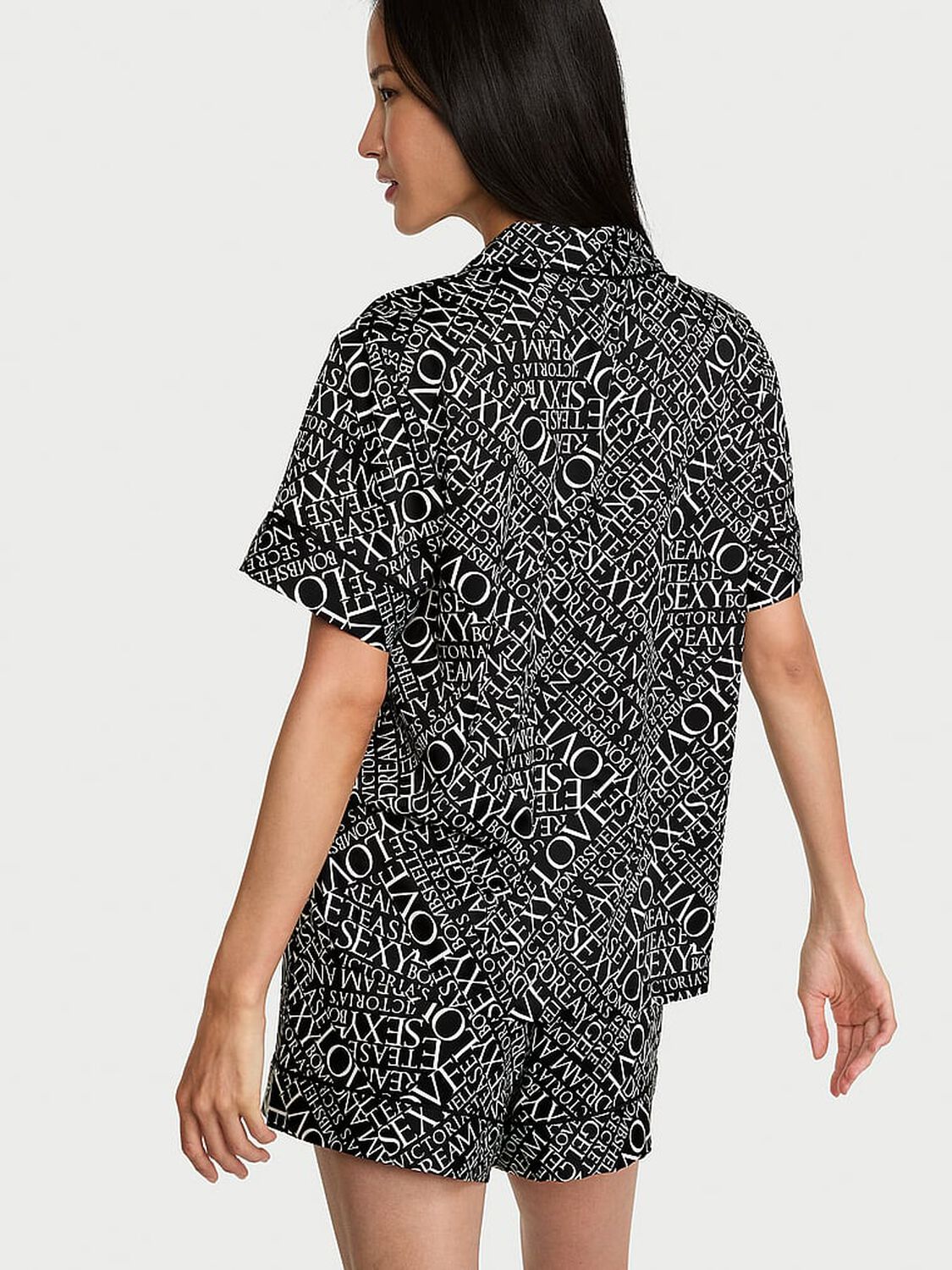 vs Victoria's Secret Signature Satin Short Pajama Set Black Vs Newspaper 2 of 3 