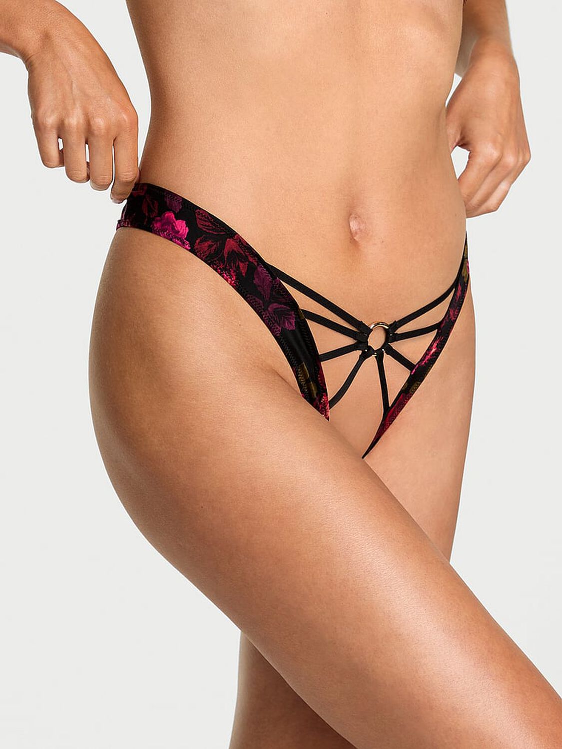 vs Very Sexy Strappy Ring Hardware Crotchless Thong Panty Red Floral 1 of 3 