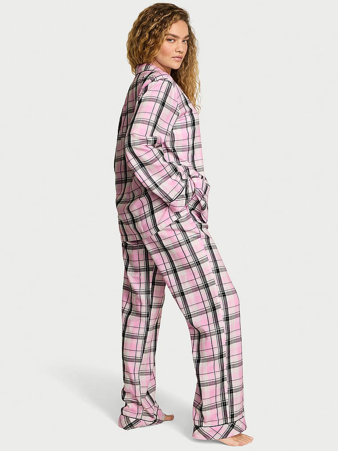 vs Victoria's Secret Flannel Long Pajama Set Coconut White/Black Gold Lurex Yd Plaid 1 of 3 