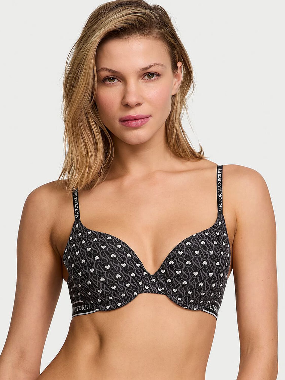 vs The T-Shirt Push-Up Perfect Shape Cotton Bra Black Logo Hearts 1 of 4 