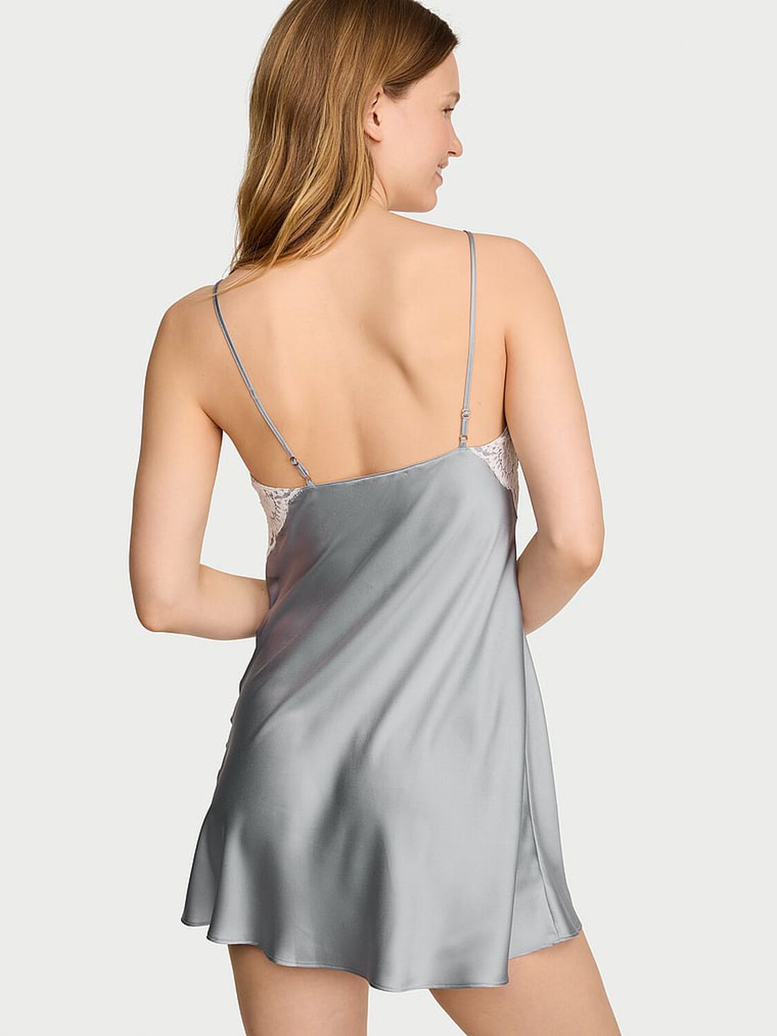 vs Dream Angels Satin Lace-Trim Short Slip Dress Sterling 2 of 3 