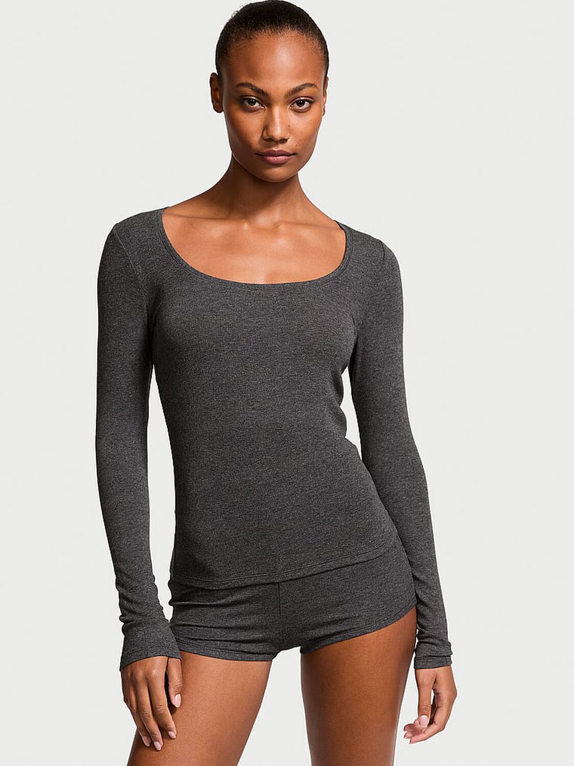 vs Victoria's Secret Ribbed Modal Scoop Long-Sleeve Shortie Set Charcoal Grey 1 of 4 