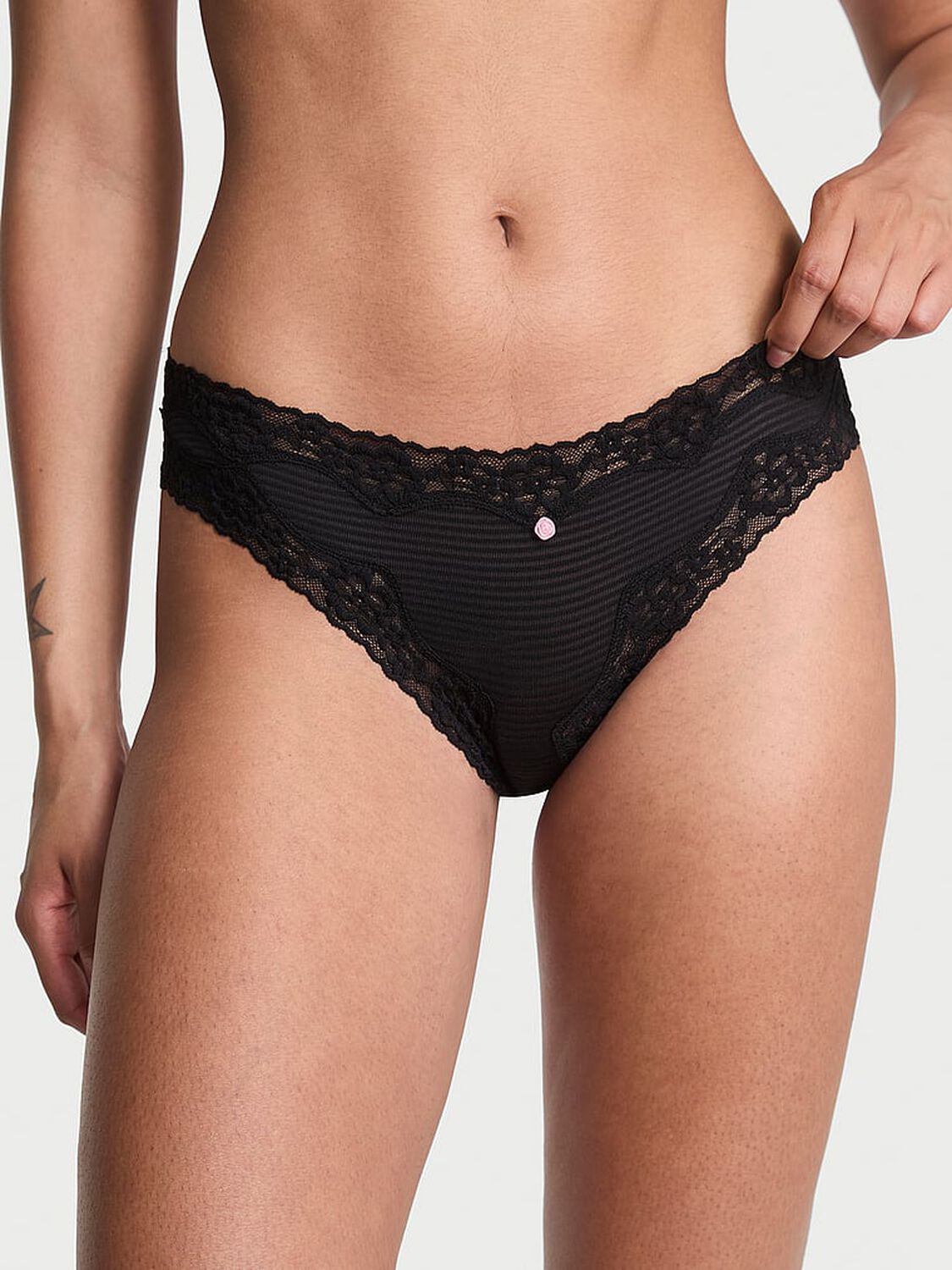 vs The Lacie Cotton Shadow Stripe Lace-Waist Bikini Panty Black 3 of 3 