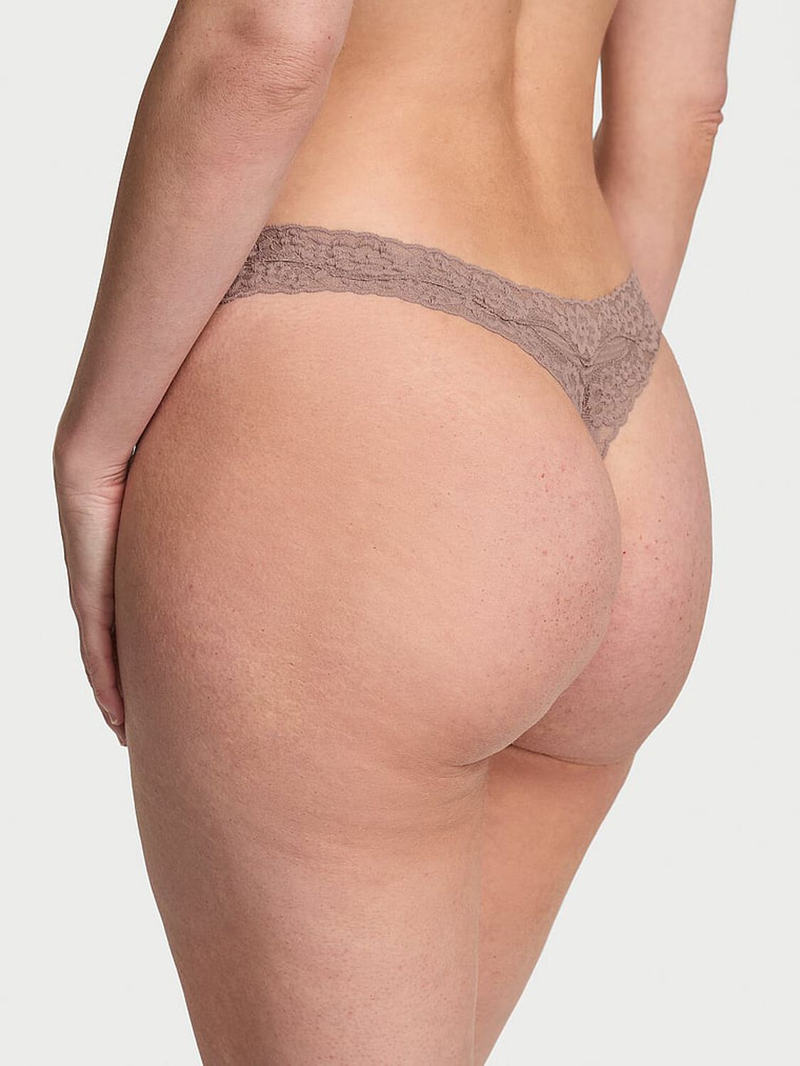vs Lace Trim Cotton Shadow Stripe Lace-Waist Thong Panty Iced Coffee 2 of 2 