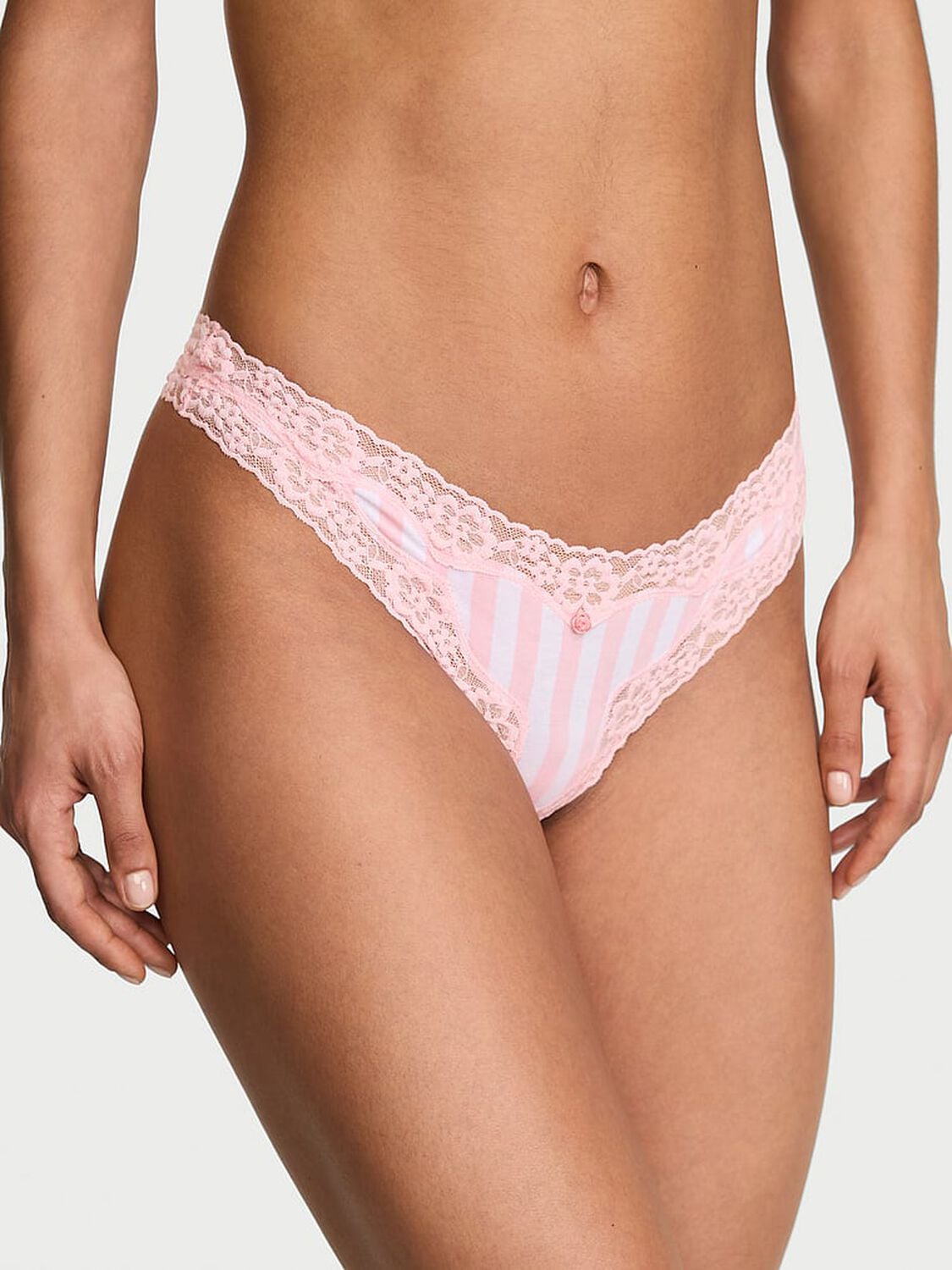 vs Lace Trim Cotton Lace-Waist Thong Panty Pretty Blossom Iconic Stripe 1 of 2 
