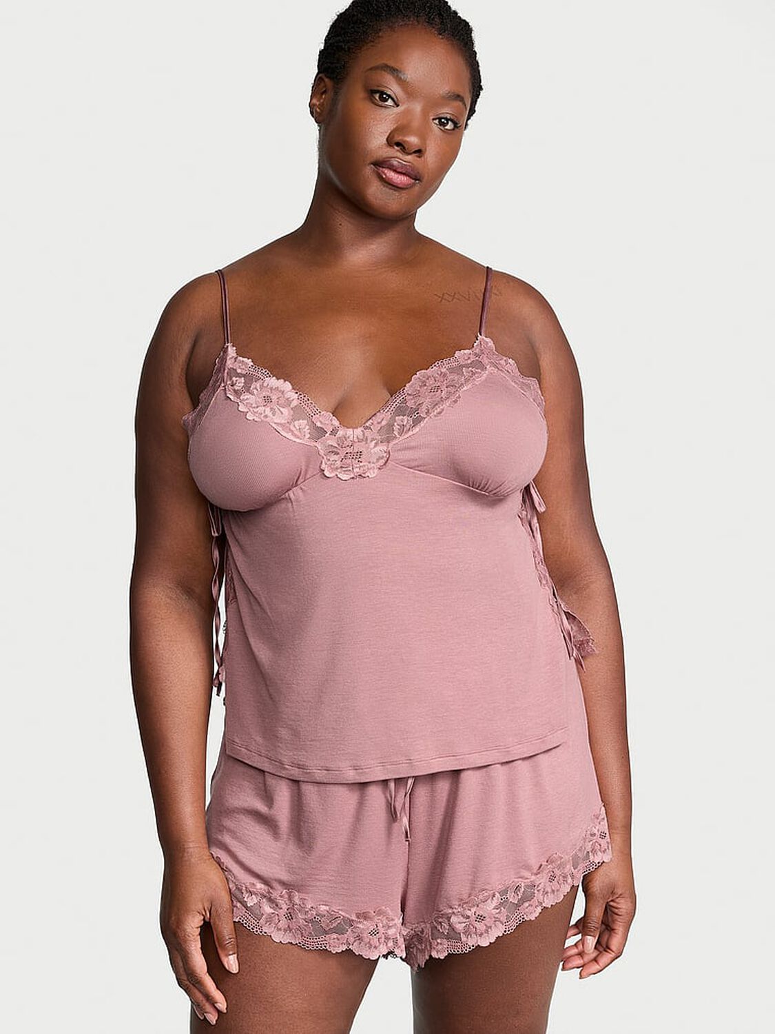 vs Victoria's Secret Ribbed Modal & Lace Cami Shorts Set Nostalgia Rose 1 of 3 