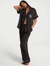 Glazed Satin Short-Sleeve Long Pajama Set, BLACK, swatch