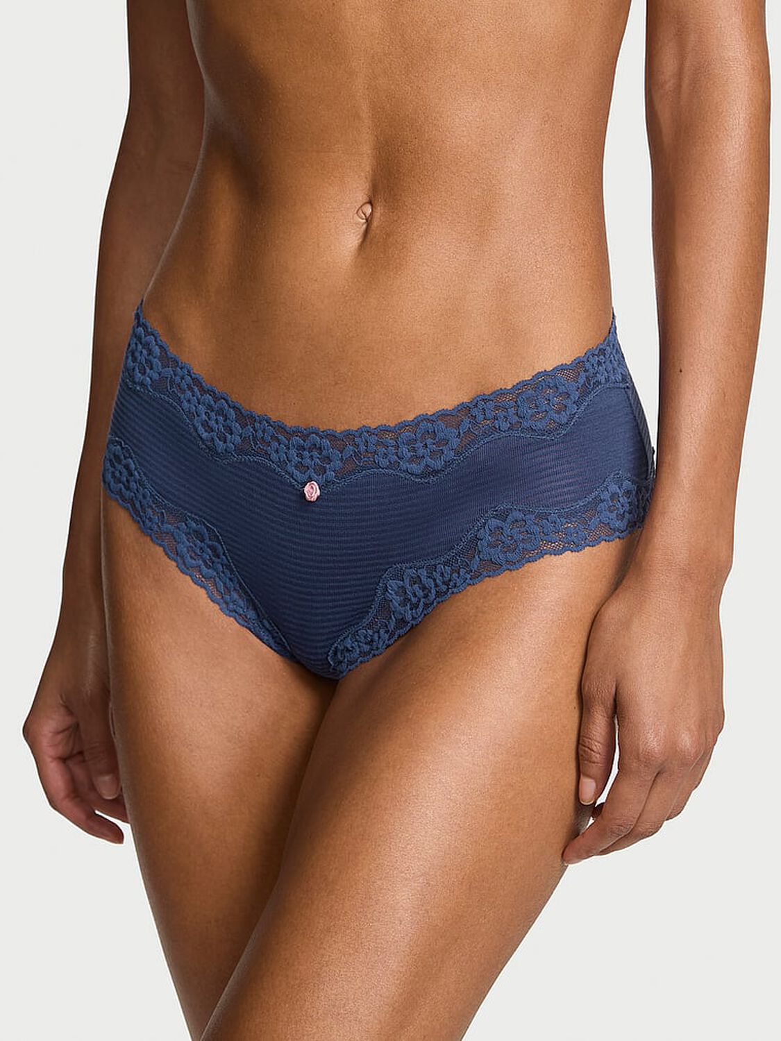 vs Lace Trim Cotton Shadow Stripe Lace-Waist Cheeky Panty Ink Blue 1 of 2 