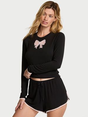 Modal Soft Bow Long-Sleeve Tee & Short Set