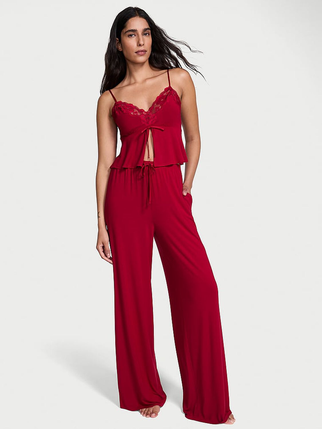 vs Victoria's Secret Modal Soft Lace-Trim Cami & Wide-Leg Pant Set Red Lacquer 1 of 2 