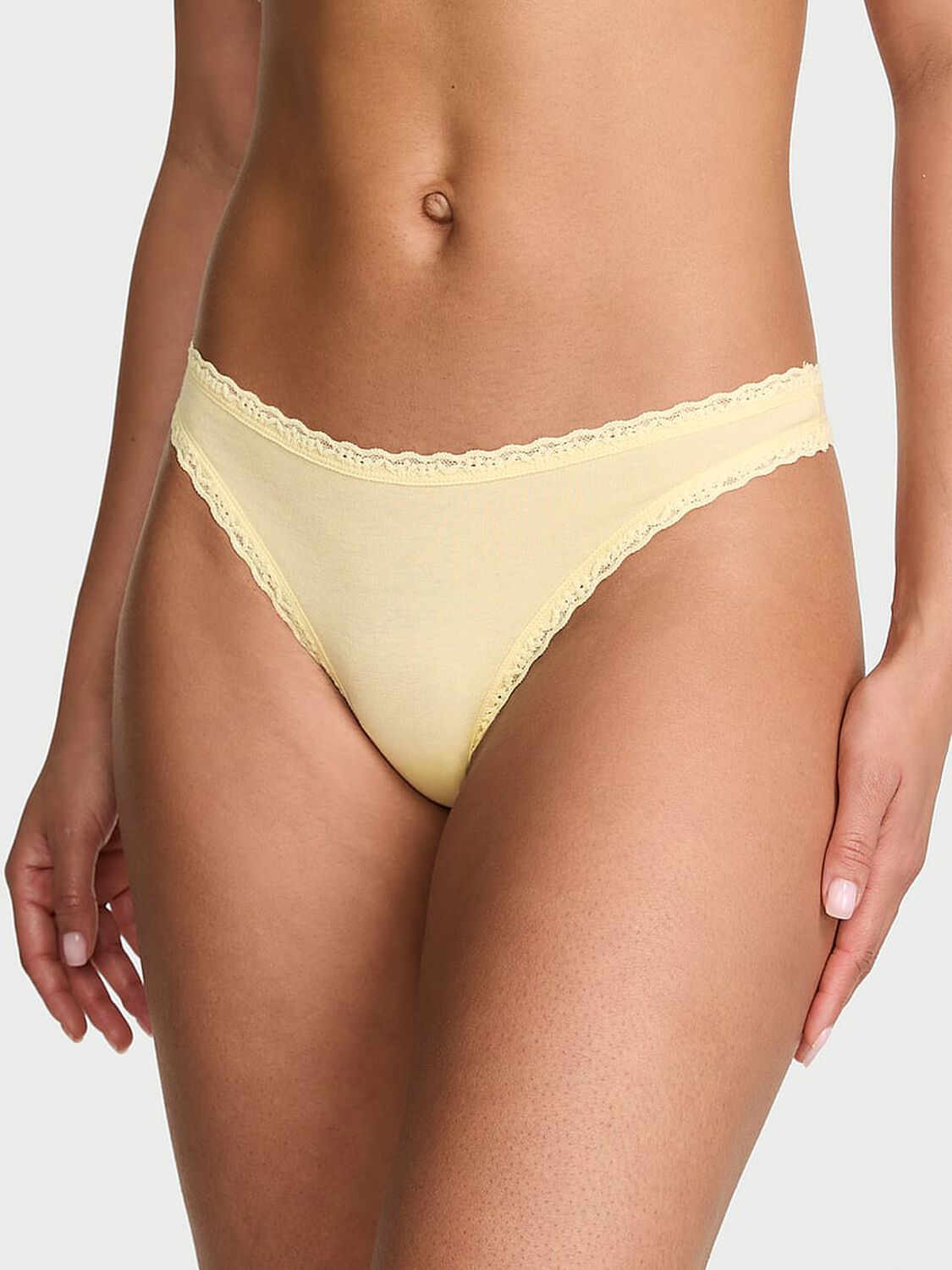 vs Lace Trim Cotton Lace-Waist Thong Sunny Honey 1 of 2 