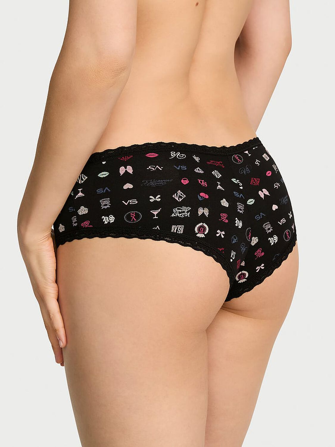vs Lace Trim Cotton Lace-Waist Cheeky Panty Black Multi Logo 2 of 3 