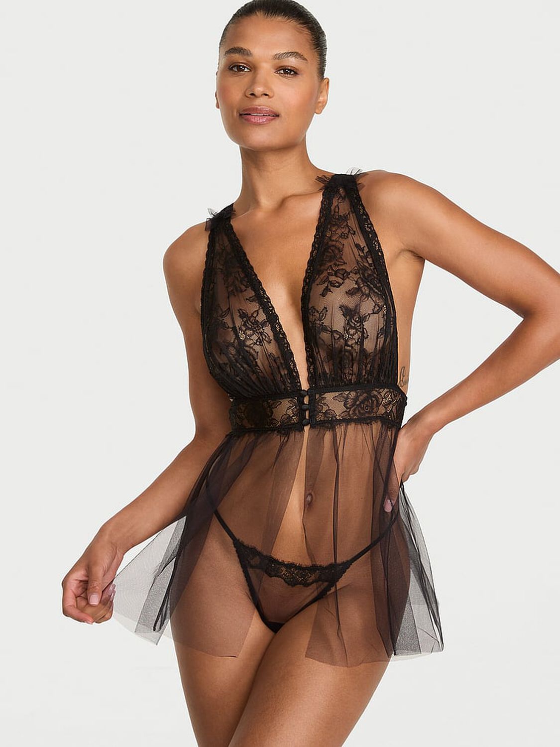 vs Very Sexy Rose Lace Plunge Babydoll Set Black 1 of 3 