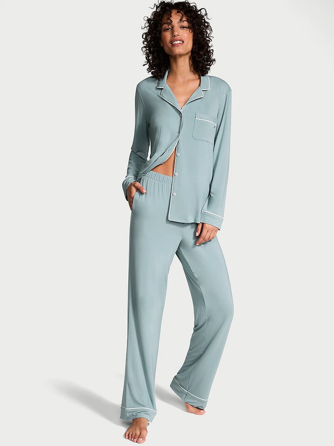 vs Victoria's Secret Modal Soft Long Pajama Set Jupiter W Coconut White Piping 1 of 4 