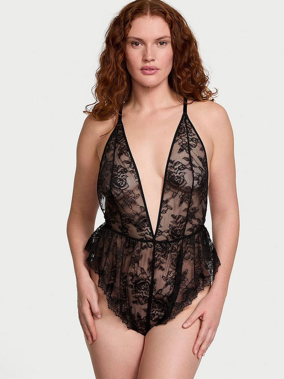 vs Victoria's Secret Rose Lace Plunge Flutter Romper 1 of 4 