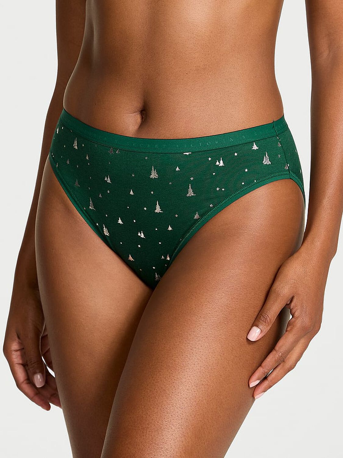 vs Victoria's Secret Stretch Cotton High-Leg Brief Panty Clover Green Shimmer Trees 1 of 2 