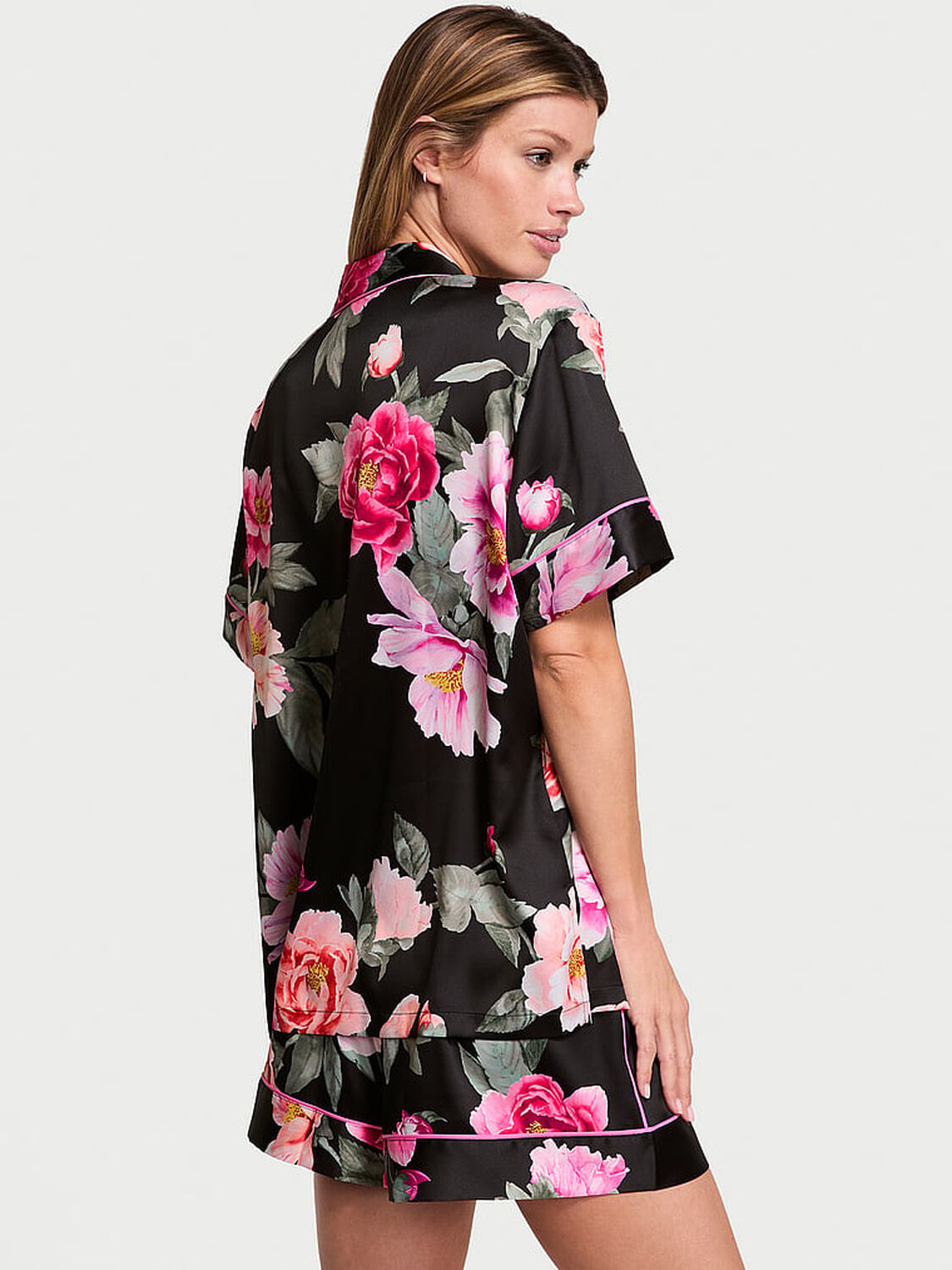 vs Victoria's Secret Glazed Satin Short Pajama Set Black Floral Bouquet 2 of 4 