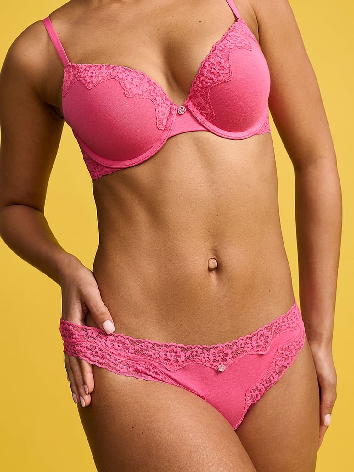 vs Lace Trim Cotton Lace-Waist Thong Panty Pink Radiance 4 of 4 