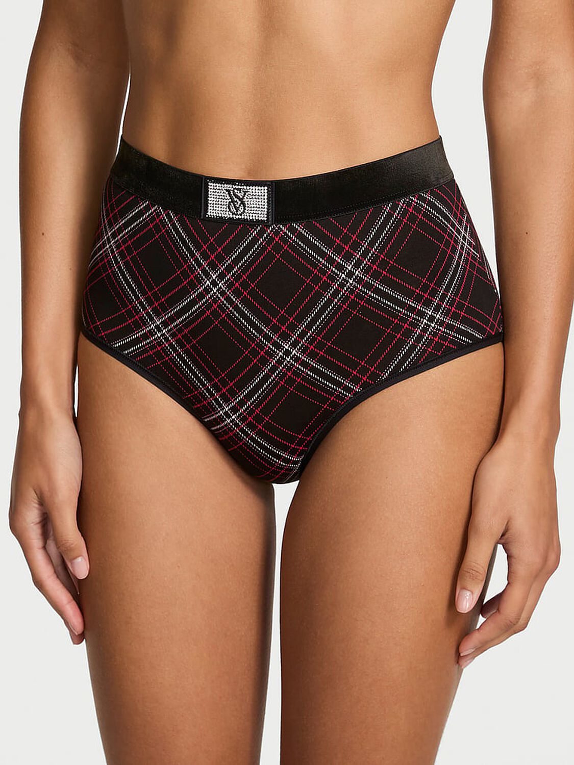 vs Cotton Logo Cotton Shine Patch Velvet Modern Brief Panty Black Plaid 1 of 3 