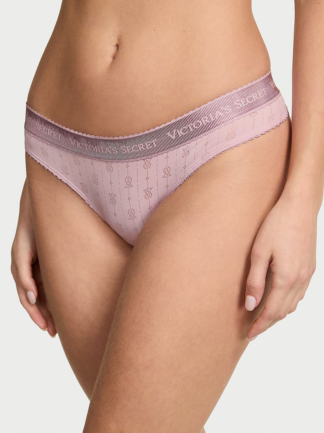 vs Cotton Logo Pointelle Thong Panty Violet Pearl 1 of 3 