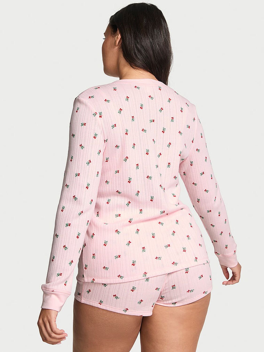 vs Victoria's Secret Cozy Pointelle Henley Short Pajama Set Angel Pink W Mistletoe Graphic 2 of 2 