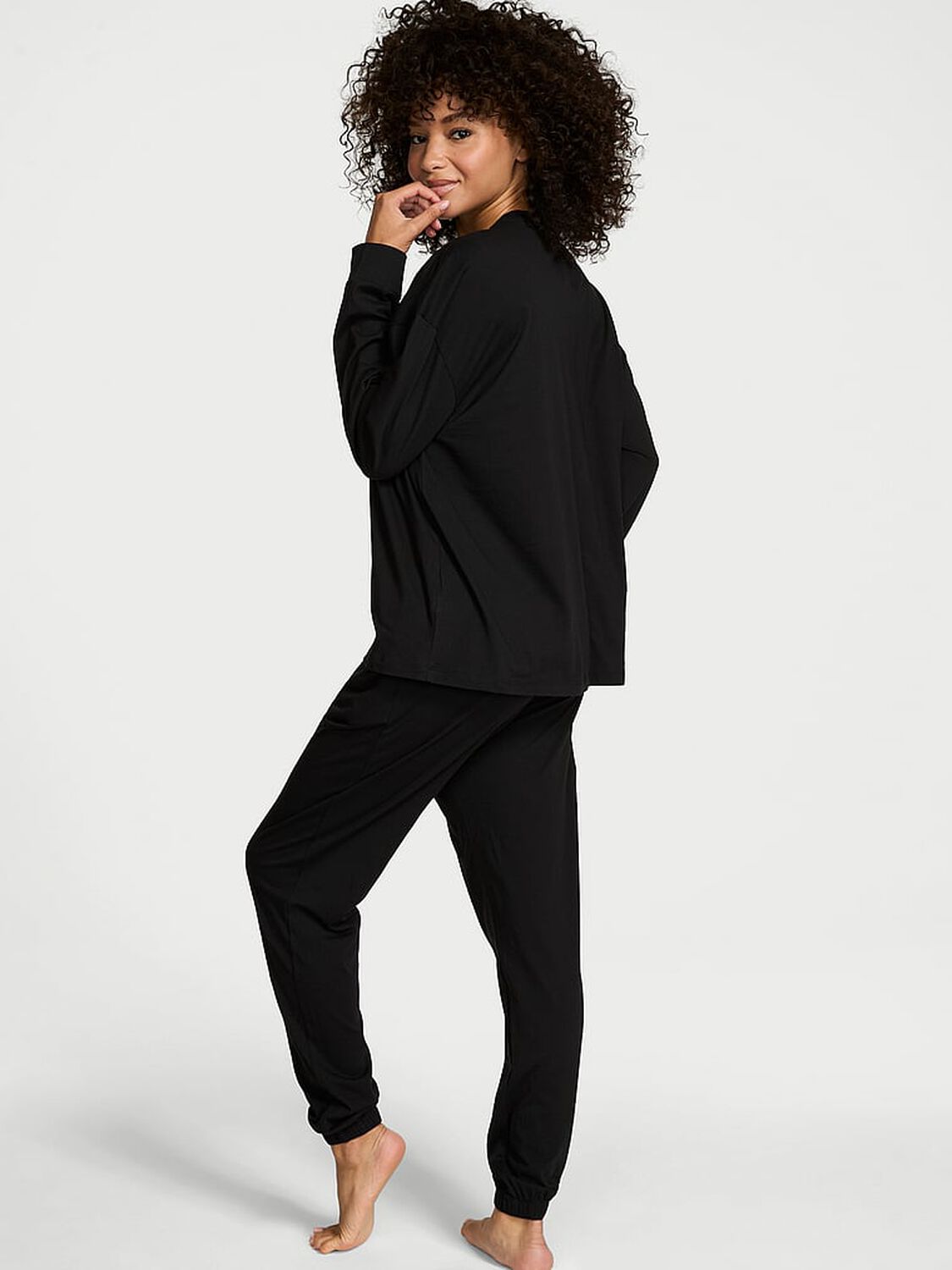 vs Victoria's Secret 100% Cotton Shine Long Pajama Set Black W Bling Patch 2 of 2 