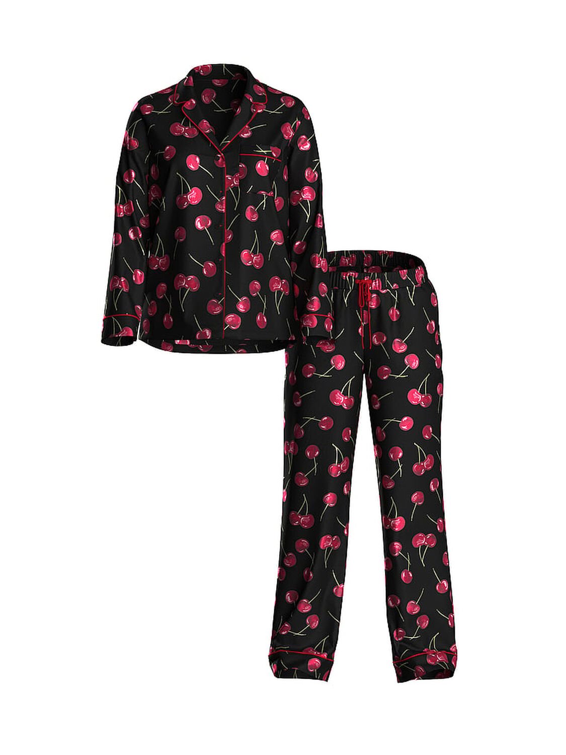 vs Victoria's Secret Glazed Satin Long Pajama Set Black/Green Chameleon Exploded Cherries 3 of 4 