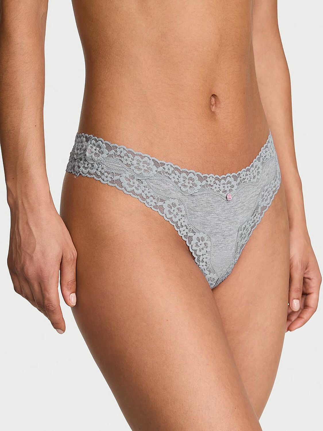 vs Lace Trim Cotton Lace-Waist Thong Panty Medium Heather Grey 1 of 3 
