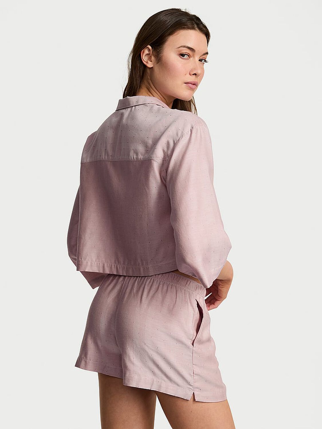 vs Victoria's Secret Modal-Cotton 3/4-Sleeve Flyaway Shirt & Short Pajama Set Nostalgia Rose Herringbone 2 of 3 