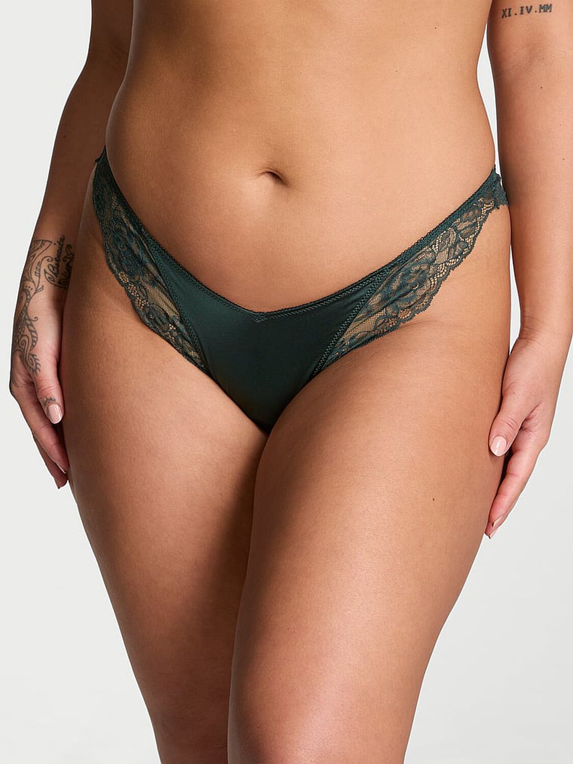 vs Very Sexy Rose Lace-Trim High-Leg Thong Panty Botanical Green 1 of 4 