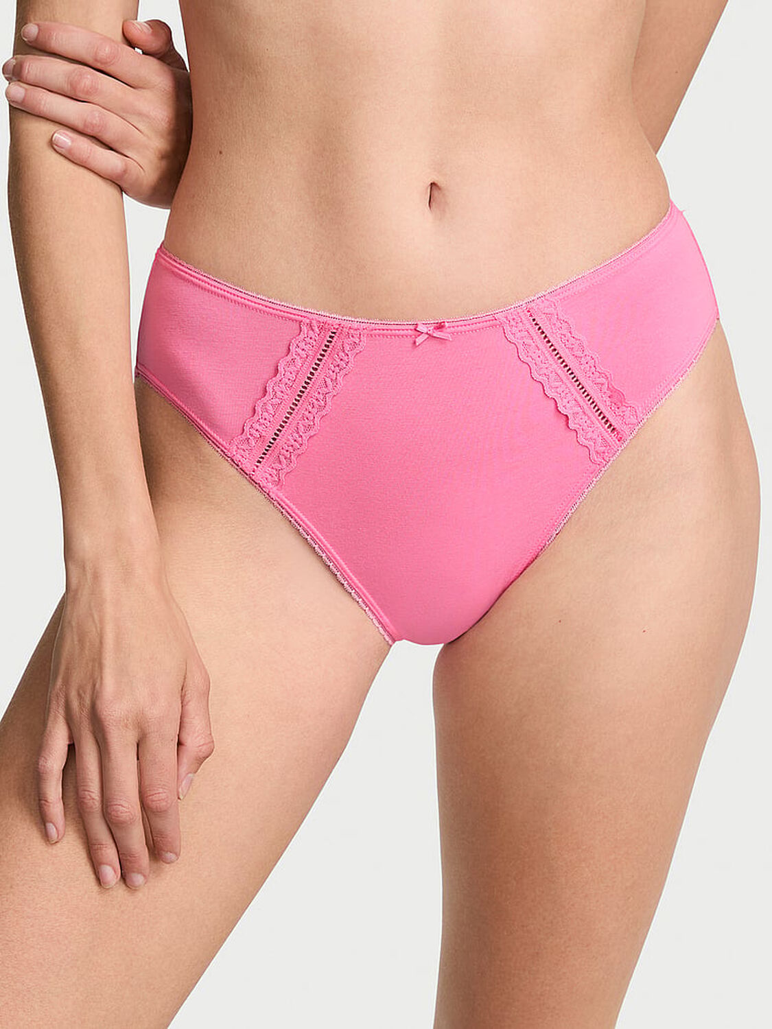vs Victoria's Secret Cotton Lace-Trim High-Leg Brief Panty Sexy Little Pink 1 of 3 