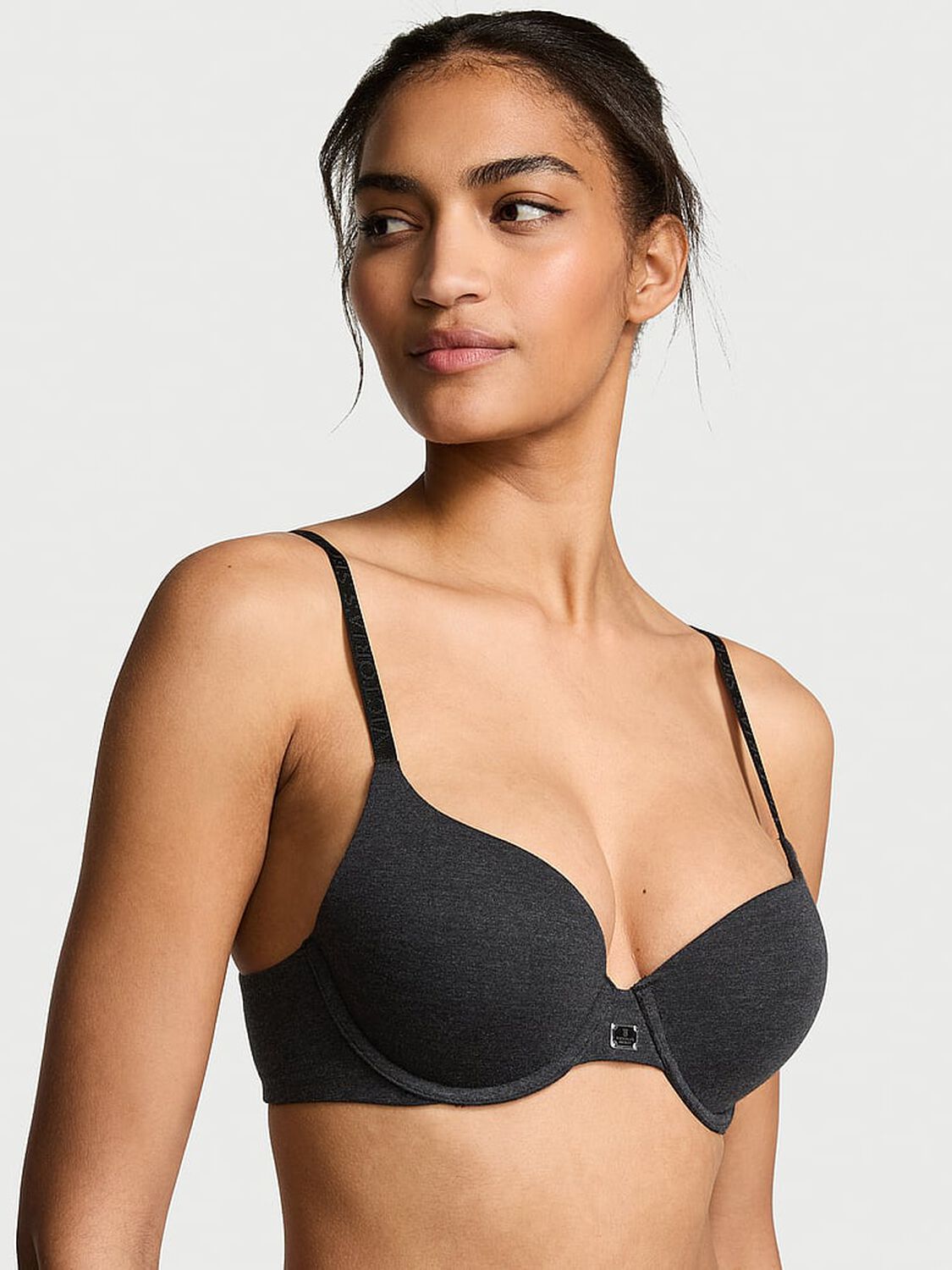 vs The T-Shirt Cotton Logo Hardware Perfect Shape Push-Up Bra Heather Black 1 of 3 