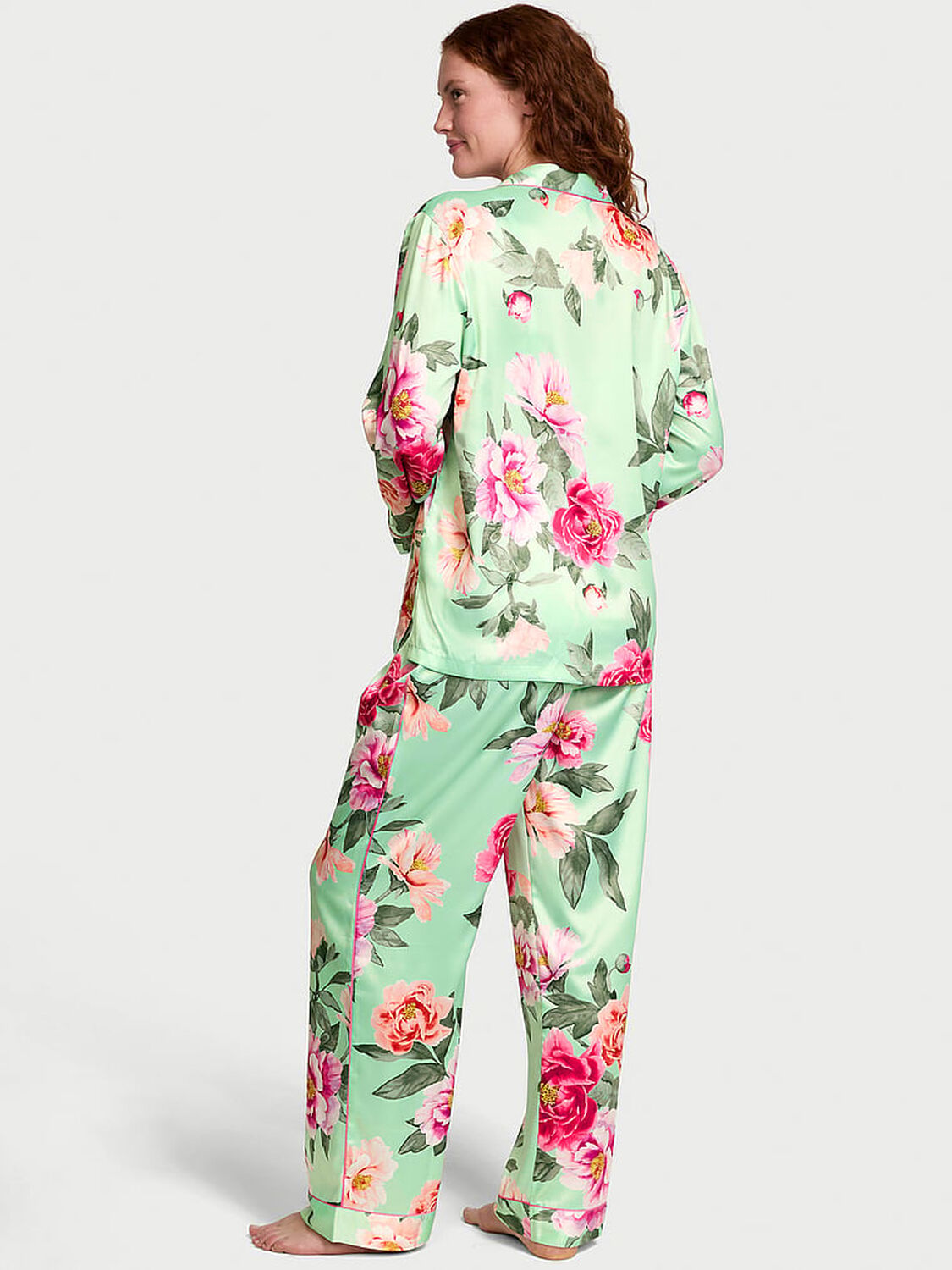 vs Victoria's Secret Glazed Satin Long Pajama Set Pretty Mint Floral Bouquet 2 of 4 