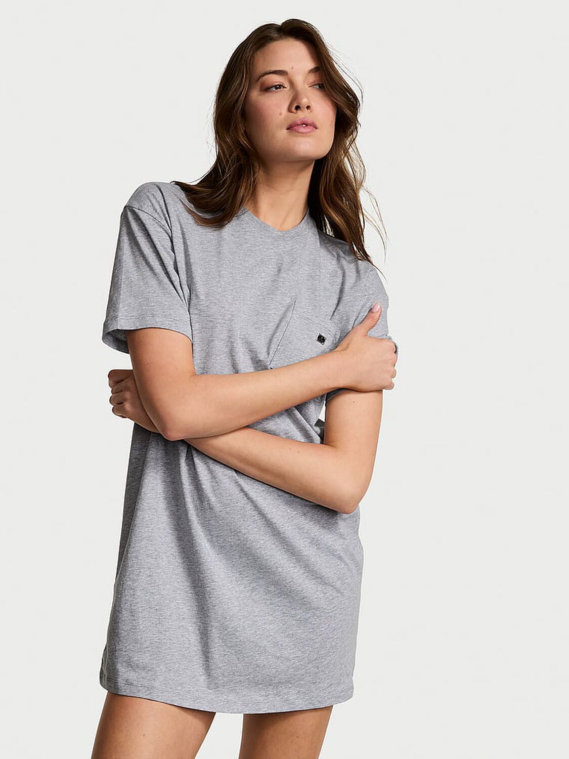 vs Victoria's Secret 100% Cotton Oversize Pocket Sleep Tee Medium Heather Grey 1 of 3 