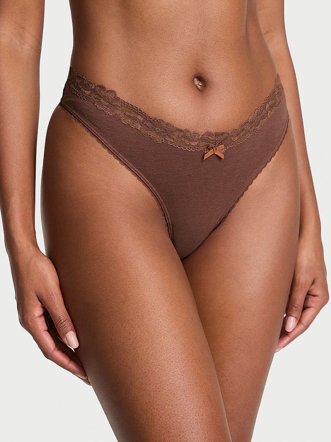 vs Victoria's Secret Body by Victoria Stretch Cotton Lace-Waist High-Leg Scoop Thong Panty Coconut Brown 1 of 3 