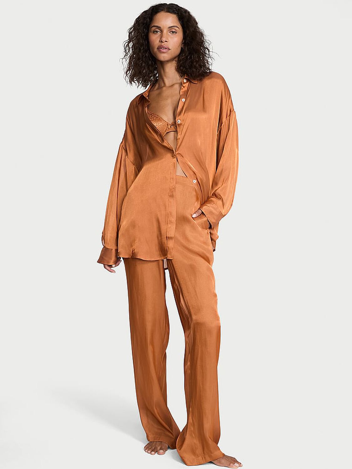 vs Victoria's Secret Luxe Sheer Satin Button-Front Long Pajama Set Sandalwood 1 of 4 