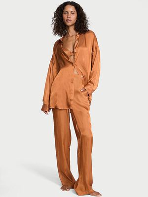 Luxe Sheer Satin Button-Front Long Pajama Set