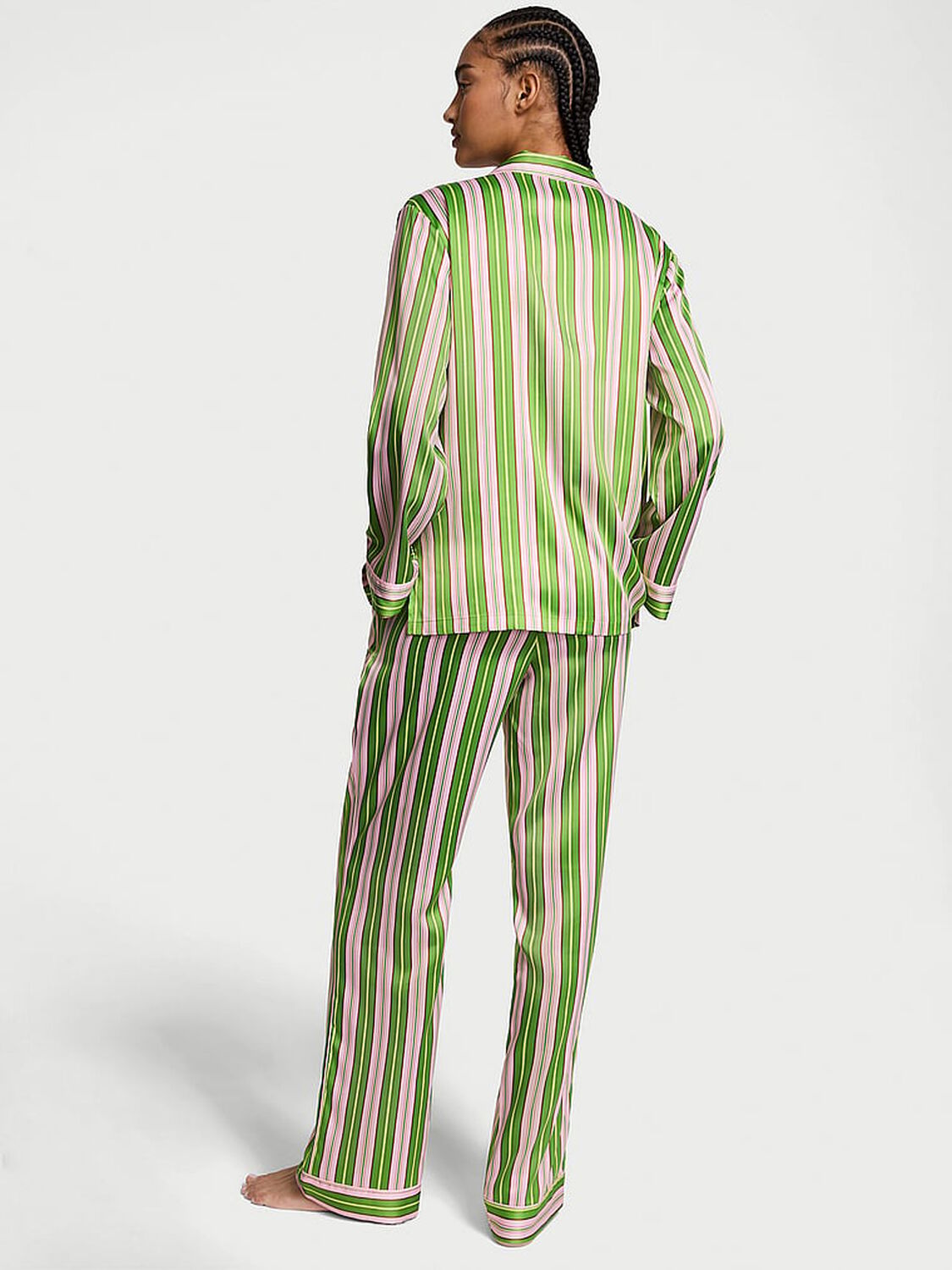 vs Victoria's Secret Glazed Satin Long Pajama Set Green Machine/Caramel Stripe 2 of 3 