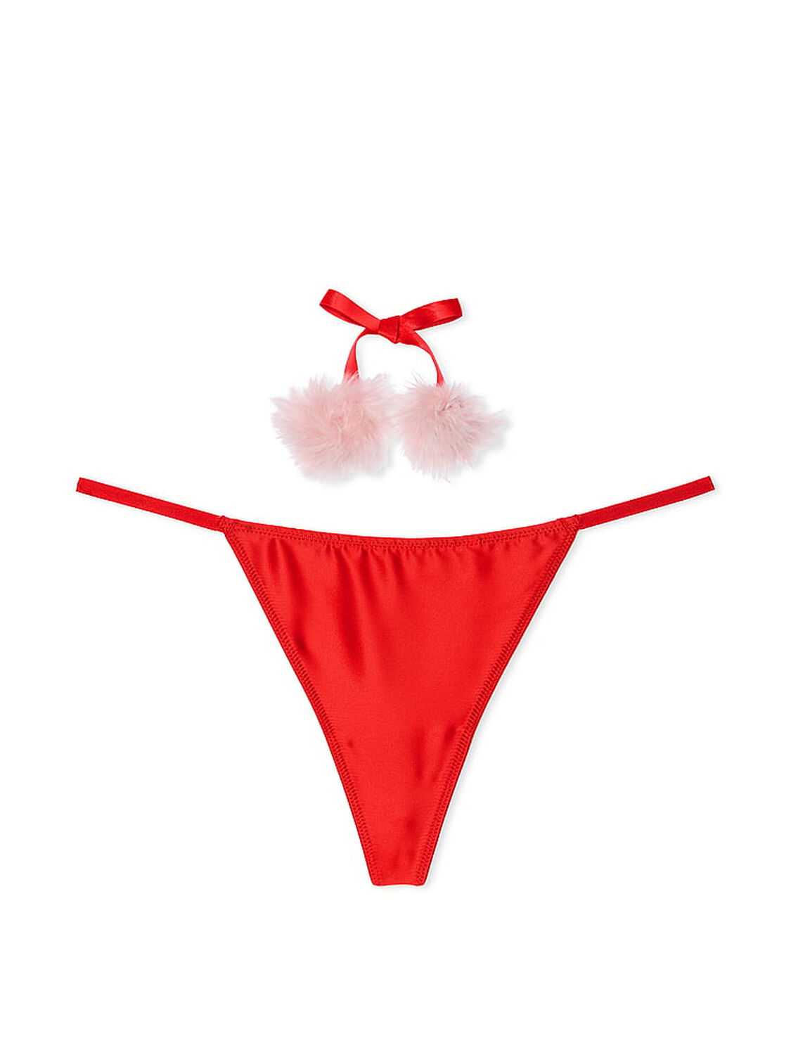 vs Dream Angels Satin Pom Pom V-String Panty Bright Vermillion 3 of 4 