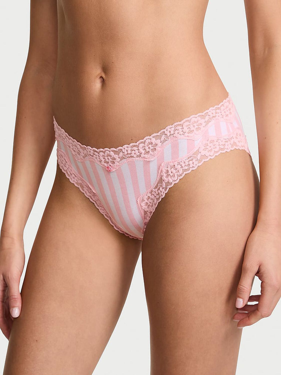 vs Lace Trim Cotton Lace-Waist Bikini Panty Pretty Blossom Iconic Stripe 1 of 4 