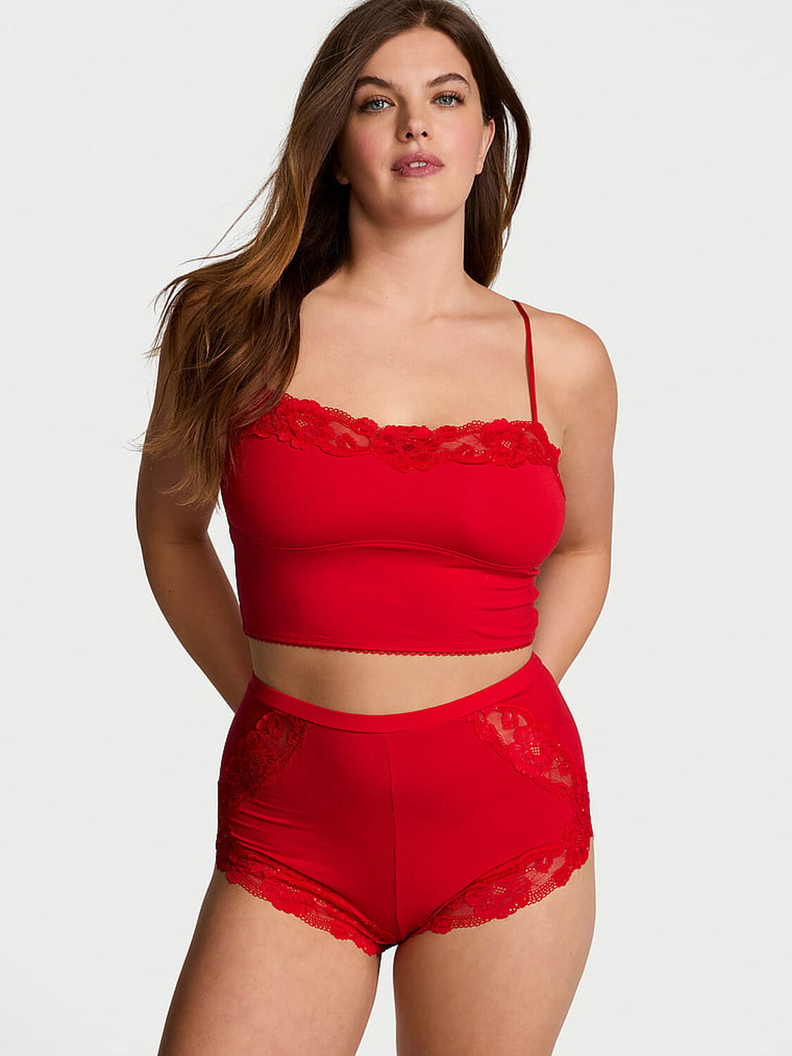 vs Victoria's Secret Modal Soft & Lace Trim Straight-Neck Cami Set Lipstick 1 of 4 